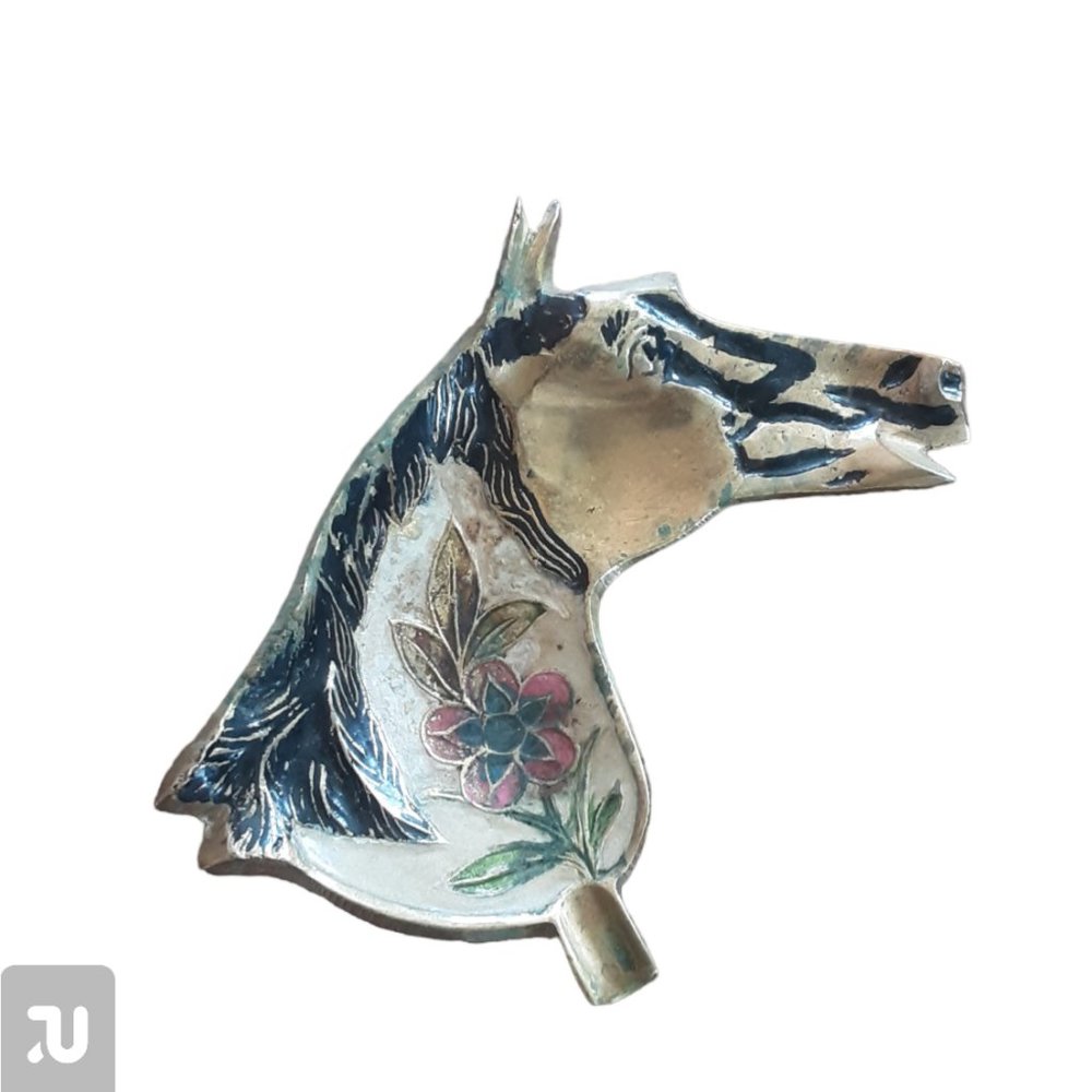 Vtg. Brass Enameled Horse Ashtray Trinket Dish Equestrian